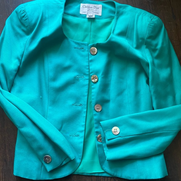 Vintage 1980’s Christian Dior teal blazer jacket with abalone shell buttons - Picture 5 of 8
